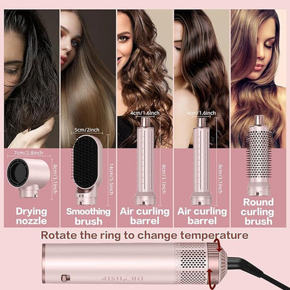 5 in 1 Hot Air Brush - Blow Dryer Brush & Air Curling Wrap Styler with Negative Ion Technology, Hair Dryer Brush for Drying, Curling, Straightening & Styling, Professional Hair Styling Tools