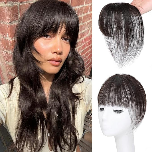 NAYOO Clip in Bangs-Brown Black Human Hair 360° Cover Wipsy Bangs Hair for Women, 2 Secure Clips in Full Fringe Hair Toppers for Women Girls Daily Wear (Brown Black)
