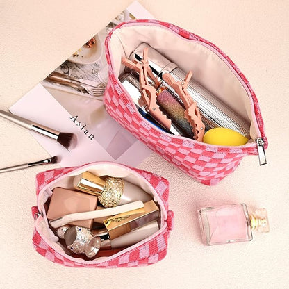 2 Pieces Makeup Bag Large Checkered Cosmetic Bag Capacity Canvas Mix Travel Toiletry Bag Organizer Cute Makeup Brushes Aesthetic Accessories Storage Bag for Women, Checkered Mix Rose Red