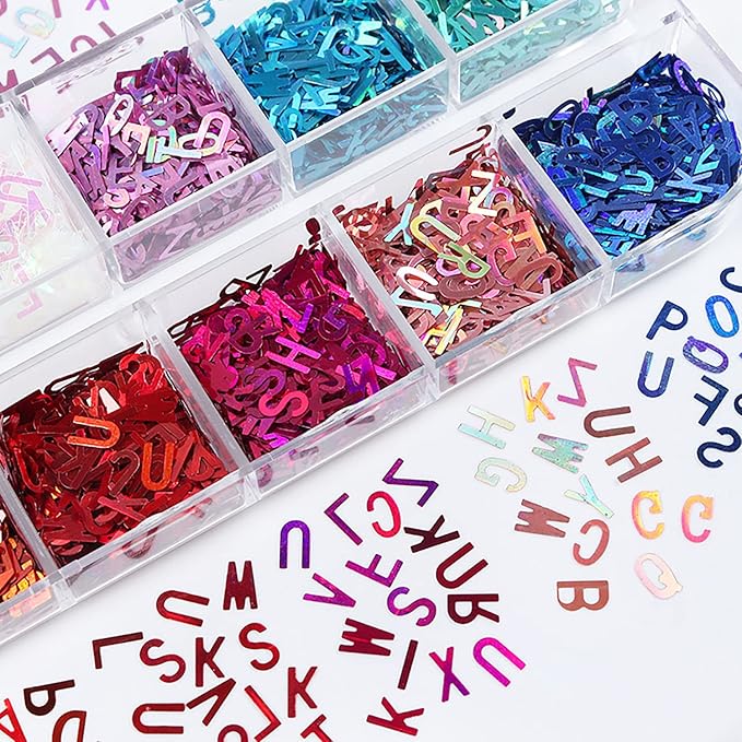 12 Colors Letter Nail Art Glitter Sequins, Holographic 3D Alphabet Nail Art Flakes Designs, Laser Letters Glitter Acrylic Nails Supplies for Women Girls Manicure Sparkly Decorations, DIY Shiny Crafts