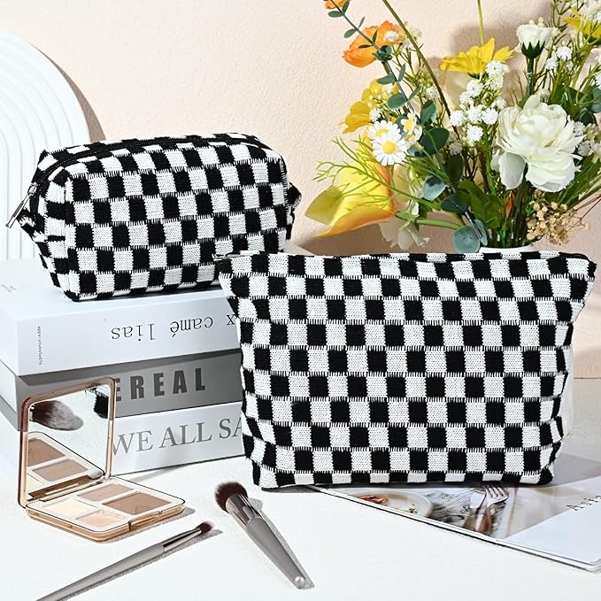 2 Pieces Black Makeup Bag Large Checkered Cosmetic Bag Capacity Canvas Mix Travel Toiletry Bag Organizer Cute Makeup Brushes Aesthetic Accessories Storage Bag for Women, Checkered Mix Black