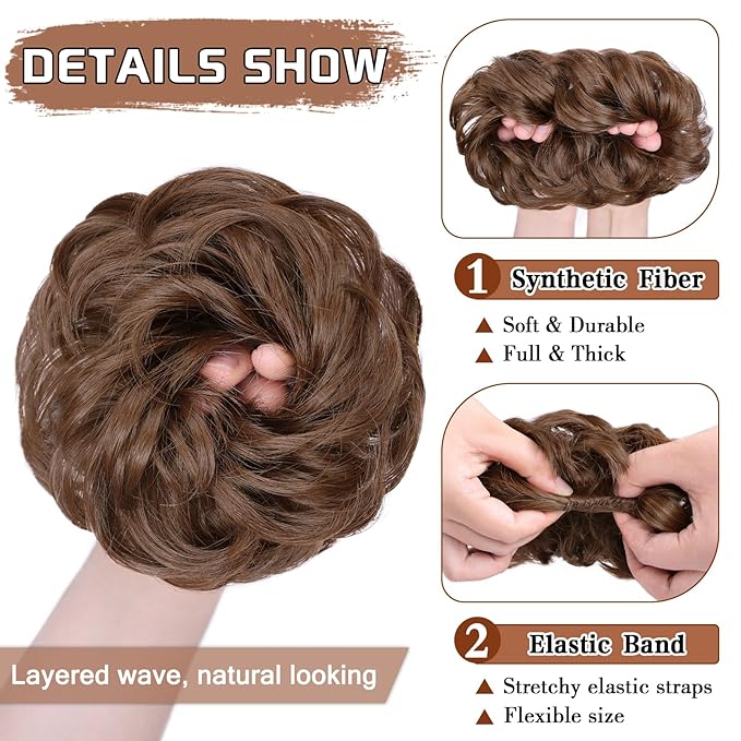 MORICA 1PCS Messy Hair Bun Hair Scrunchies Extension Curly Wavy Messy Bun Hair Synthetic Chignon Hairpieces for Women(Light Golden Brown 12#)