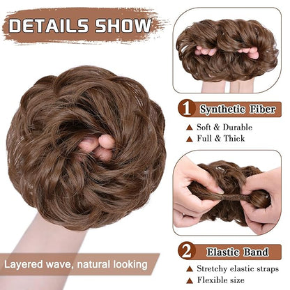 MORICA 1PCS Messy Hair Bun Hair Scrunchies Extension Curly Wavy Messy Bun Hair Synthetic Chignon Hairpieces for Women(Light Golden Brown 12#)