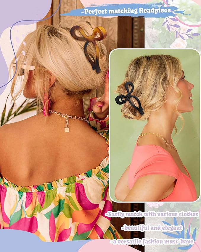 4 PCS Bow Hair Clips Bow Claw Clip for Women Nonslip Large Hair Claw Clips for Thin and Thick Hair Strong Hold Hair Bows (Tortoise+Camel+Black+Coffee)