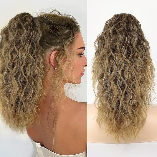 ORSUNCER Ponytail Extension Claw 18" Curly Pony Tail Clip in Claw Hair Extensions Fluffy Natural Looking Synthetic Hairpiece for Women Omber Dark Ash Blonde