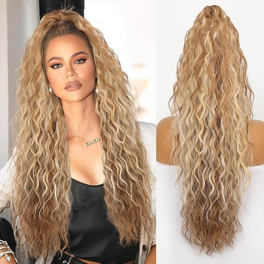 ORSUNCER Ponytail Extension Claw 30" Curly Pony Tail Clip in Claw Hair Extensions Fluffy Natural Looking Synthetic Hairpiece for Women Light Brown Mix Light Blonde