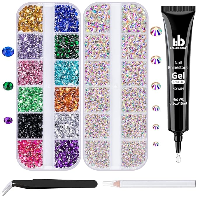 Nail Art Rhinestone Glue Gel&2 Boxes Flatback Gems Kit, 1 Tube of 15ml Rhinestone Gel Glue(UV/LED Needed)+Colorful Gems+Flat-Back Round Glass Crystal AB Gemstones with Pickup Tools