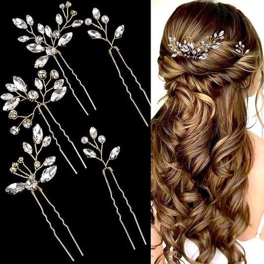 5 Pieces Bride Hair Pins Rhinestone Bridal Hair Piece for Women Crystal Hair Accessories for Bride Bridesmaids Flower Girls(Gold)