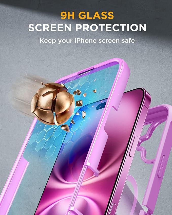 Miracase for iPhone 16 Case 6.1'', [Bubble Free] Full-Body Bumper Phone case with Built-in Full Glass Screen &Lens Protector,No Gap,Compatible with MagSafe,Drop Proof 16 Cover,Pink Purple