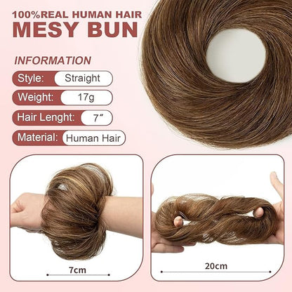 1PCS Messy Bun Hair Piece Human Hair Natural Curly 100% Real Human Hair Chignons Scrunchies Hair Fluffy Hair Buns for Women Bun Donut Updo Hair Pieces Bun Extension (#4/27 Medium Brown/Dark Blonde)