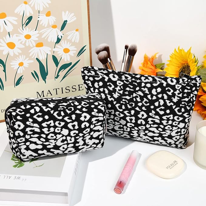 2 Pieces Leopard Print Makeup Bag Large Cosmetic Bag Capacity Canvas Mix Travel Toiletry Bag Organizer Cute Makeup Brushes Aesthetic Accessories Storage Bag for Women, Leopard Print Mix Black