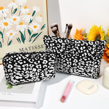 2 Pieces Leopard Print Makeup Bag Large Cosmetic Bag Capacity Canvas Mix Travel Toiletry Bag Organizer Cute Makeup Brushes Aesthetic Accessories Storage Bag for Women, Leopard Print Mix Black