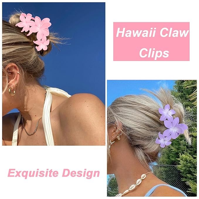 ANBALA 4PCS Flower Claw Hair Clips, Large Plumeria Hair Accessories for Women and Girls - Colorful Hawaiian Non-Slip Strong Hold Clips for Thick Hair