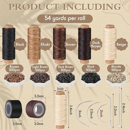 2500 Pcs Hair Extensions Micro Rings Links Beads and 5 Rolls Extensions Sewing Thread and 10 Pieces C/J/I Needles Kit for Human Hair Hand Sewing Wig DIY Craft
