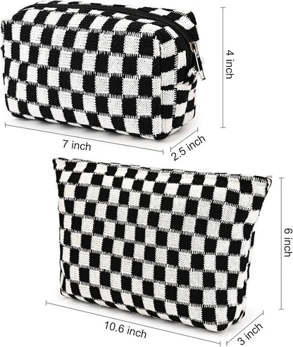 2 Pieces Black Makeup Bag Large Checkered Cosmetic Bag Capacity Canvas Mix Travel Toiletry Bag Organizer Cute Makeup Brushes Aesthetic Accessories Storage Bag for Women, Checkered Mix Black