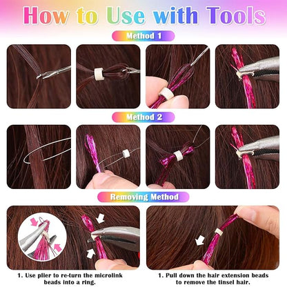 20 Colors Hair Tinsel with Hair Feathers & Colorful Hair Extensions, 48 Inch Sparkle Hair Glitter Strands with Colored Hair Feathers Extensions Kit for Women Girls Kids Party Festival