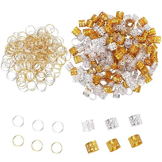 200 Pcs Dreadlocks Beads and 200 Pcs Hair Braid Rings, Hair Braiding Metal Cuffs Decoration Accessories Jewelry, Silver and Gold