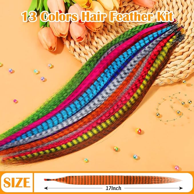65 Pcs Hair Feathers with Hair Extension Tools, 13 Colors Long Straight Synthetic Hair Feather Extensions Kit with Microlink Beads for Women Girls Kids Daily Parties Festival