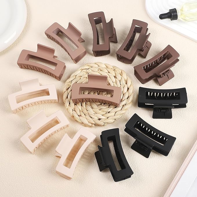 3.5 Inch Medium Hair Claw Clips 12 Pcs Square Claw Clips for Thick and Thin Hair Rectangular Rectangle Hair Clips Jaw Clips Bulk Hair Accessories for women and Girls - Brown