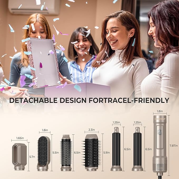 Blow Dryer Brush, 6 in 1 Auto Air Curling Iron Set 3 Temperature 1000W Powerful Negative Ionic Hair Dryer Brush Set with Thermal Brush, 60000RPM Hot Air Brush, Left&Right Curler Wand (Champagne Gold)