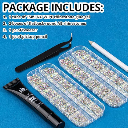 Nail Art Rhinestone Glue Gel&2 Boxes Flatback Gems Kit, 1 Tube of 15ml Rhinestone Gel Glue(UV/LED Needed)+Crystal AB Gems with Pickup Tools