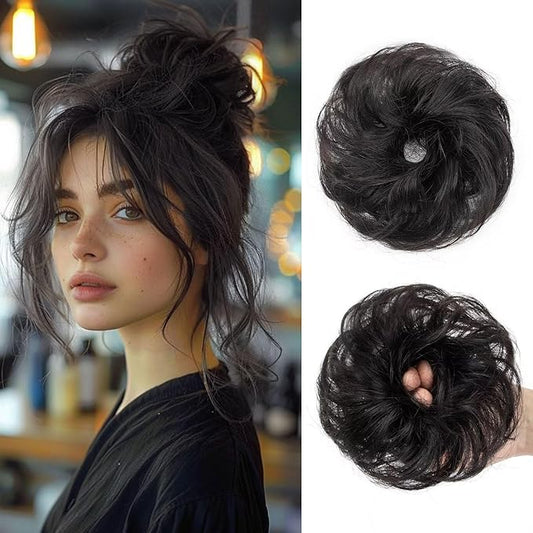 1 PCS Messy Bun Hair Piece Real Human Hair Thick Updo Wavy Curly Chignon Ponytail Hair Extensions Hair Bun Hairpieces for Women Girls (#1B Natural Black)