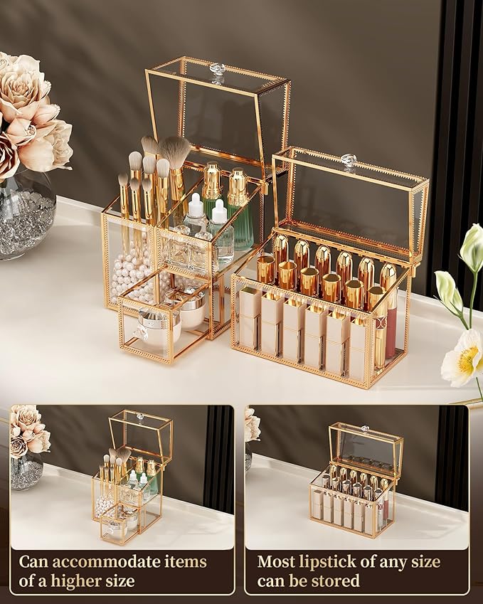Glass Makeup Organizer Set – Vanity Organizer with 18-Slot Lipstick Organizer & Makeup Brush Holder with Lid – Skincare, Perfume & Cosmetic Storage for Bathroom or Dresser