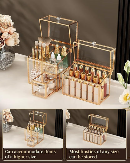 Glass Makeup Organizer Set – Vanity Organizer with 18-Slot Lipstick Organizer & Makeup Brush Holder with Lid – Skincare, Perfume & Cosmetic Storage for Bathroom or Dresser