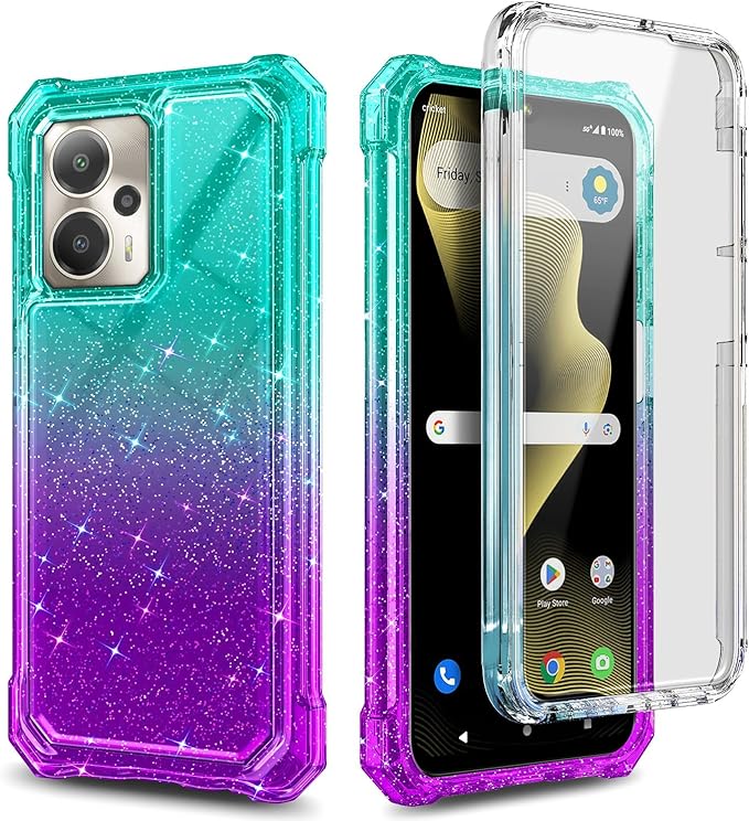 for Cricket Outlast 5G 2024 Case, AT&T Motivate Pro 5G with [Built-in Screen Protector], [9FT Military Grade Drop Tested] Full-Body Protective Shockproof Bumper Case (Glitter Aqua/Purple)