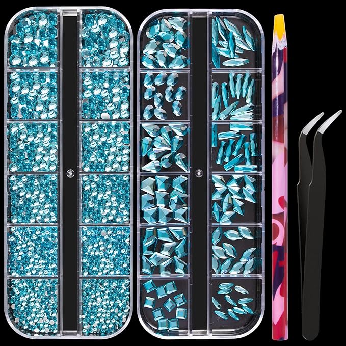 Multi Shapes Lake Blue 3D Glass Crystal Nail Art Rhinestones Kit with Flatback Round Bead Charm Gem Stone Jewelry Diamond with Pickup Pen + Tweezer for Manicure Makeup DIY Craft Decoration