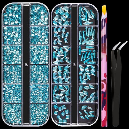 Multi Shapes Lake Blue 3D Glass Crystal Nail Art Rhinestones Kit with Flatback Round Bead Charm Gem Stone Jewelry Diamond with Pickup Pen + Tweezer for Manicure Makeup DIY Craft Decoration