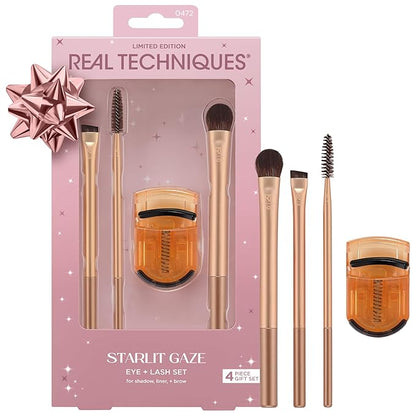 Real Techniques Starlit Gaze Eye + Lash 4 Piece Holiday Gift Set, Eye Makeup Brush Set For Eyeshadow & Brow Products, Mini Eyelash Curler For Travel, Stocking Stuffer, Limited Edition, Cruelty-Free