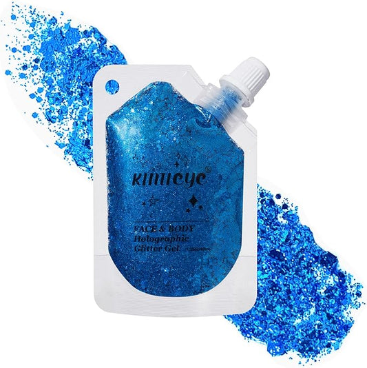Holographic Face Glitter Gel Body Shimmer Makeup for for Hair, Face, Clavicle, Arm, Nail, Eyeshadow, Long Lasting Waterproof Mermaid Sequins Party Glitter for Rave Festival, 1.35oz (Royal Blue #15)