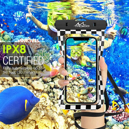 MoKo Waterproof Phone Pouch Holder, Cellphone Case Dry Bag with Lanyard Armband Compatible with iPhone 16 15 14 13 12 11 Pro Max, Samsung S24/S23/S21/S20/S10, Checkerboard