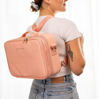 (Not Made In China) 2 Pack, Makeup Train Case, Cosmetic Travel Organizer For Professional Beauty Artist, Portable Storage Bag W/Adjustable Dividers For Jewelry and Brushes (Pink, Large)