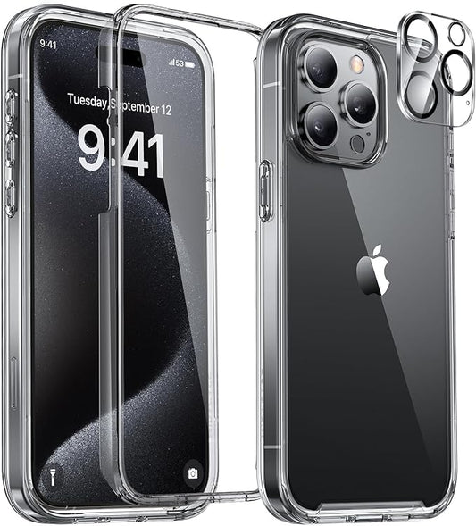 Miracase Glass Series for iPhone 15 Pro Max Case 6.7 Inch, Full-Body Drop Proof Phone Case for iPhone 15 Pro Max with Built-in 9H Tempered Glass Screen Protector + Camera Protector, Clear Black
