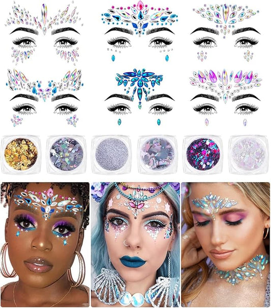 iMethod Face Jewels and Body Glitter - Face Gems, Mermaid Face Jewels Stick On, Holographic Cosmetic Face Glitter, for Festival Holiday Costumes & Halloween Alien Makeup, 12 Pcs