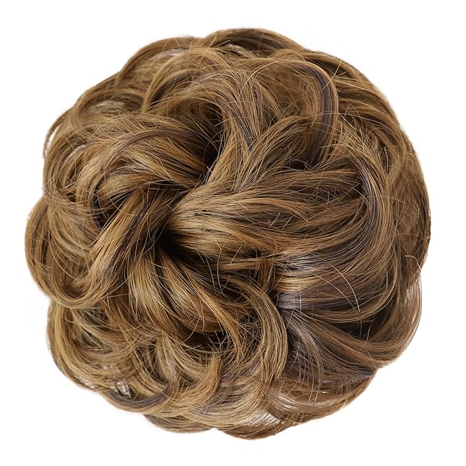 MORICA 1PCS Messy Hair Bun Hair Scrunchies Extension Curly Wavy Messy Bun Hair Synthetic Chignon Hairpieces for Women(6H27(Dark Brown & Caramel Blonde))