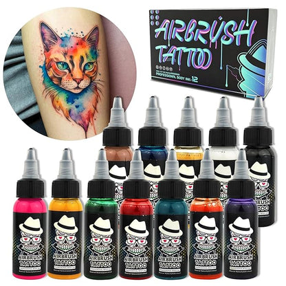 OPHIR Airbrush Body Paint, 12x Tattoo Ink Pigment Set for Temporary Tattoos, Body Colors 1.06oz/Bottle