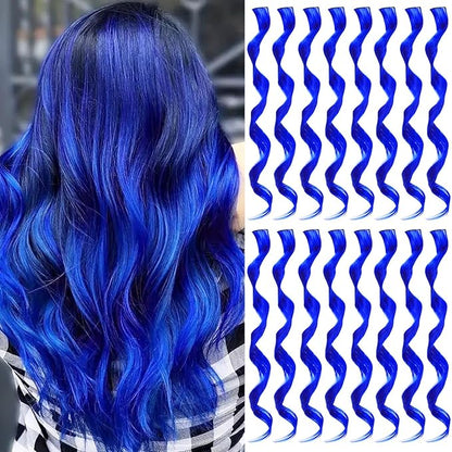 16 Pcs Colored Hair Extensions Curly Wavy Clip in Synthetic Hairpiece Streak for Girls Women Kid, Multi-colors Party Highlights Cosplay Festival Gift(Blue)