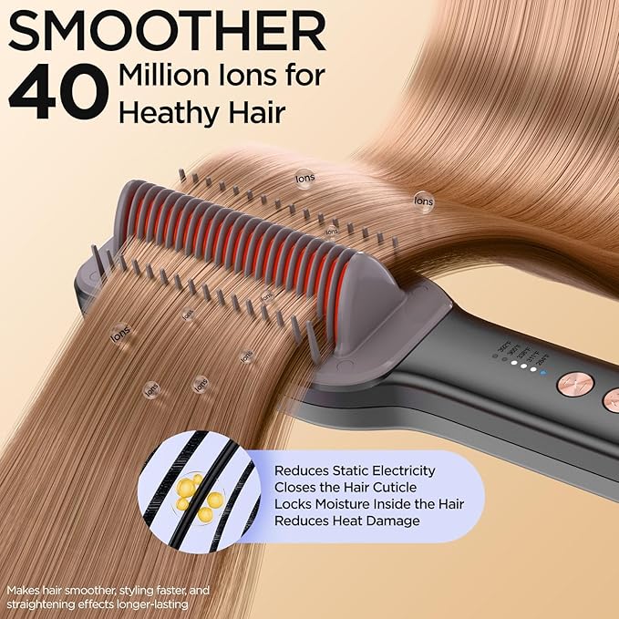 Hair Straightener Brush, Negative Ion Flat Iron & Straightening Comb 2 in 1 with Convenient Comb, Fast Heating, Anti-Scalding, 30s Fast Heating, 5 Temp Settings 284℉ - 392℉ (Gunmetal Gray)