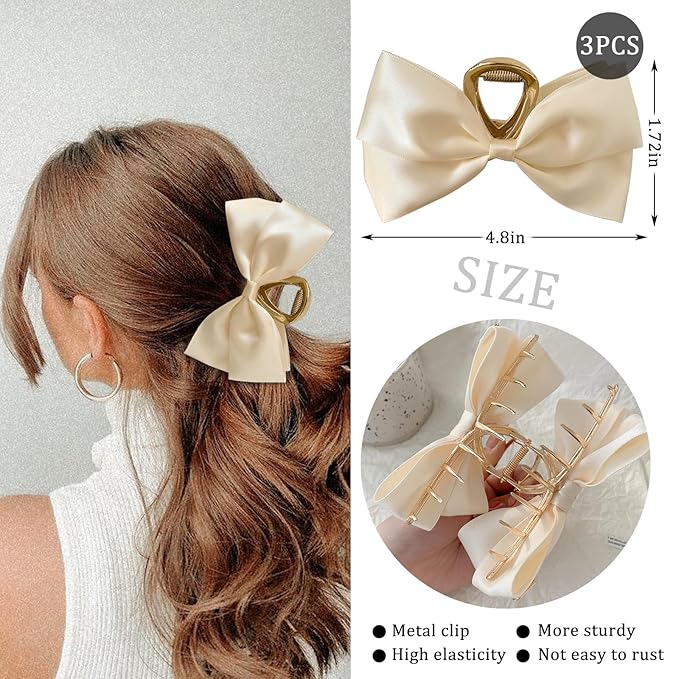 3PCS Metal Claw Hair Clips for Women & Girls - Premium Bow-knot Nonslip Claw Clips for Thick & Thin Hair, Big Bows (Black, White, Khaki)