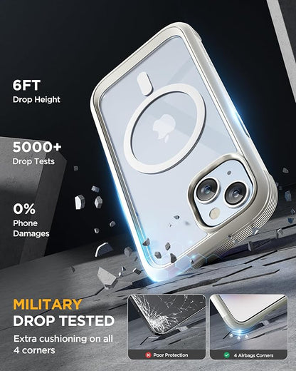 Miracase Glass Series for iPhone 15 Case [Compatible with MagSafe] Full-Body Magnetic Bumper Case with Built-in 9H Tempered Glass Anti-Fingerprint Screen Protector + Camera Lens Protector, White