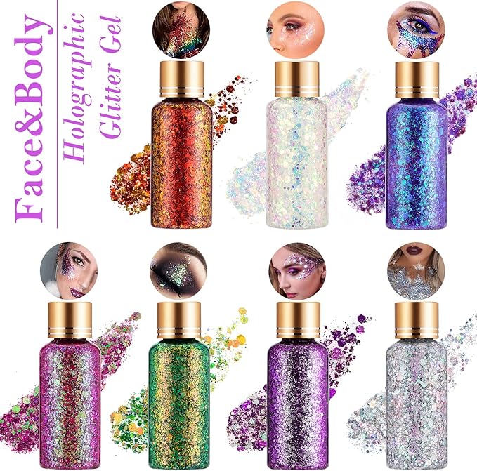Holographic Body Glitter Gel for Face, Body, Nail, Super Long Lasting Waterproof Quick Dry Liquid Chunky Glitter Eyeshadow for Rave Festival Party Makeup Accessories, 1oz (Dream Rose)