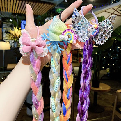 6Pcs Girls Colored Braids Hair Extensions with Rubber Bands, Rainbow Braided Hairpieces Hair Bows Wig Ponytails Kids Favor DIY Hairs Accessories for Girls Gift Birthday Party Cosplay Daily Dress Up
