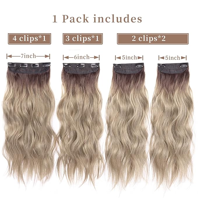 4PCS Clip in Hair Extensions 20 Inches Long Blonde Soft Wavy Clip in Synthetic Hair Extensions for Women (Ombre Chocolate Brown Mix Ash Blonde, R6/88#)