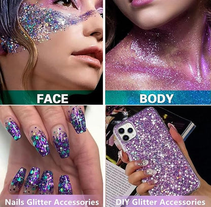 Go Ho Lavender Purple Face Body Glitter Gel,Mardi Gras Outfit for Women Kids,Holographic Mermaid Chunky Sequins Glitters for Eye Lip Hair Nails,Festival Rave Accessories,52g
