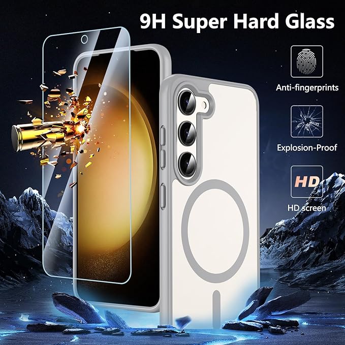 OWKEY for Galaxy S23 Case 6.1'', Magnetic Samsung Galaxy S23 Case for Magsafe with Screen Protector, [Military Grade Protection] Shockproof Phone Cover S23 Case Protective Case for Samsung S23, Gray