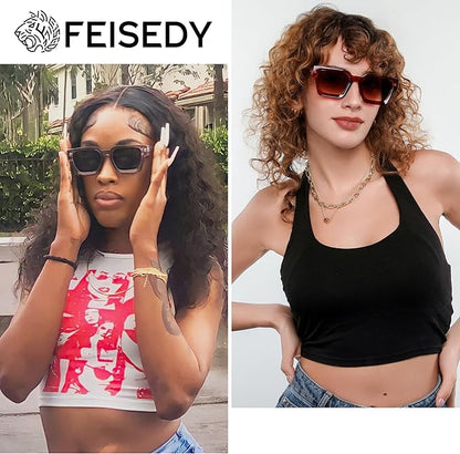 FEISEDY Retro 90s Square Sunglasses for Women Men Trendy Chunky Rectangle Sunglasses UV400 Protection B2385