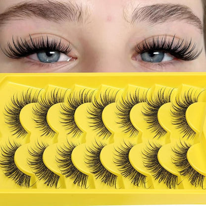 Natural Lashes Manga Eyelashes Cat Eye False Eyelashes Natural Look 18mm Anime Lashes Wispy Strip Lashes D-Curly Thin Band Unique Spikes 7 Pairs Fairy Mink Lashes Cosplay Fake Lashes